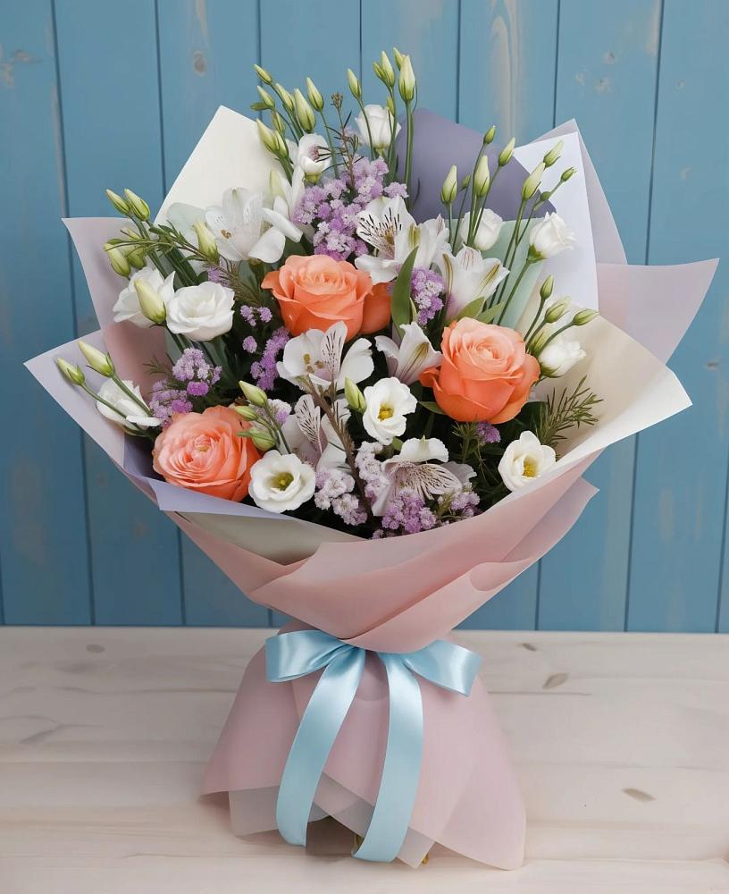 Букет цветов из: Лизиантусы, Розы, Альстромерии и Гипсофила в Варна